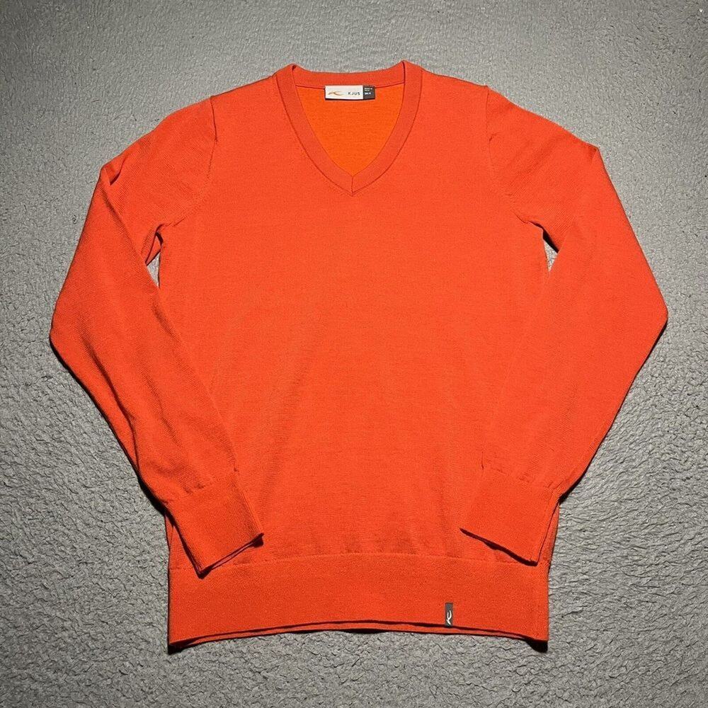 KJUS Sweater Mens 36 Small Orange Merino Wool V Neck Golf Performance Preppy